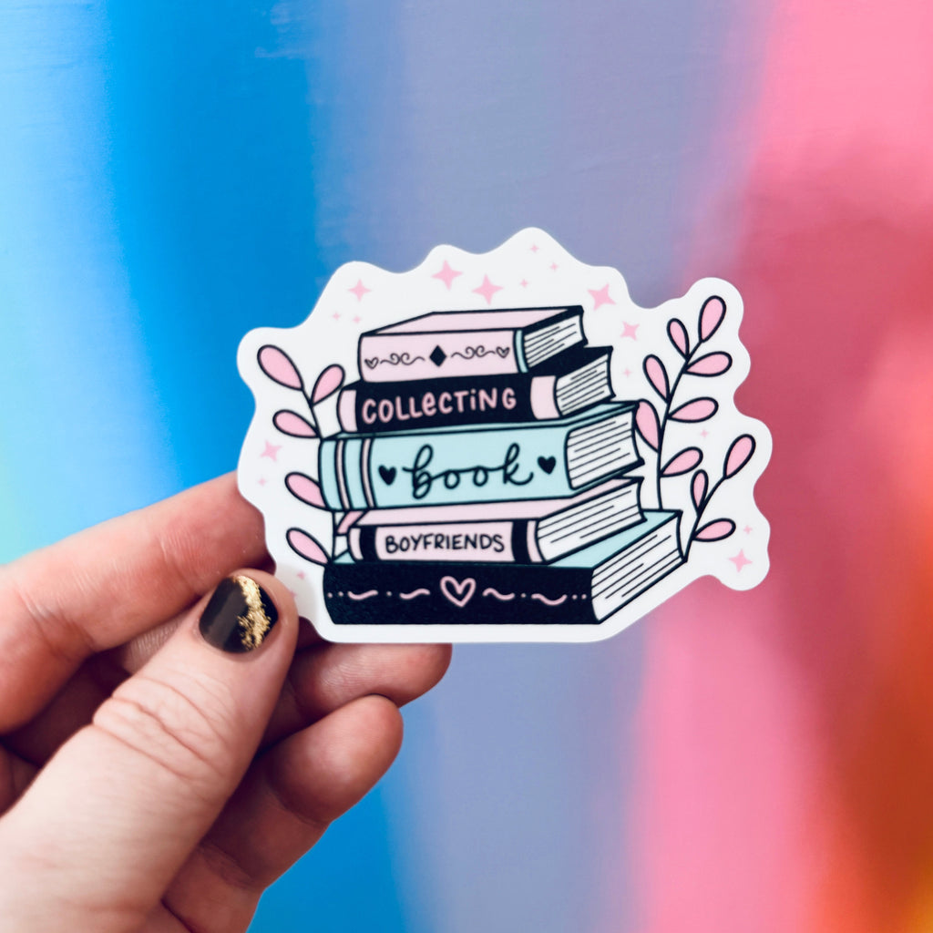 Bookish sticker - colorful book stack with saying "collecting book boyfriends" in front of colorful background